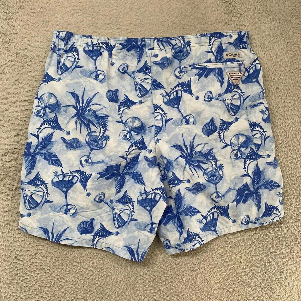 Columbia‎ PFG Swim Trunks Mens XL Blue Tropical Print Omni-Shade Fishing Shorts
